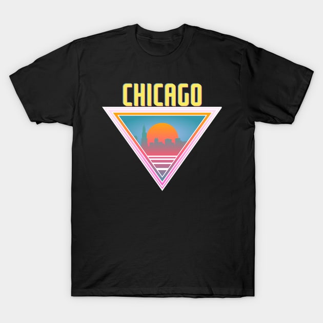 Chicago City Skyline Silhouette Sunrise Retro 80's / 90's Vaporwave Aesthetics - Bright Vintage Design For Sunny Summer Days T-Shirt by KritwanBlue